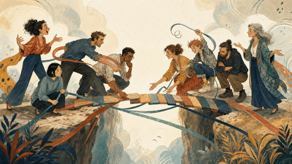 Oito pessoas com diferentes personalidades construindo juntas uma ponte de conexão.